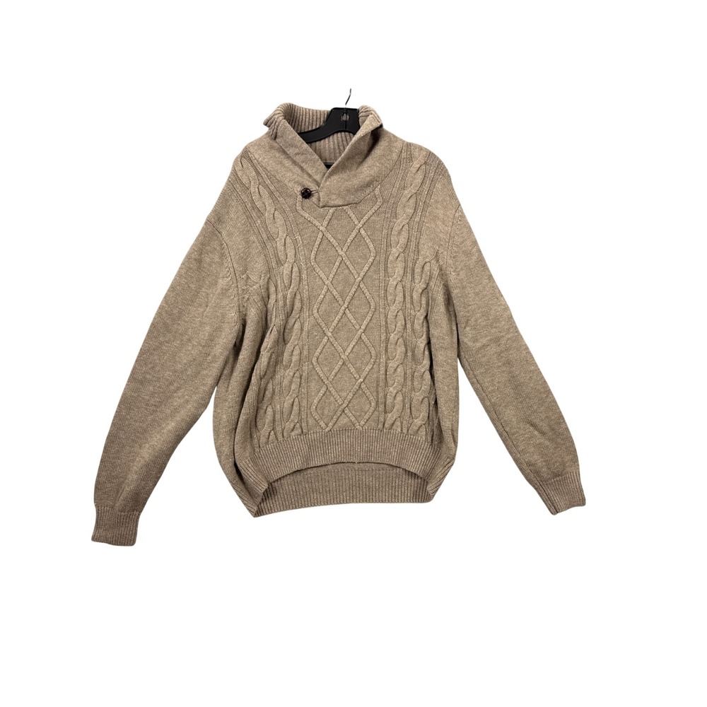 Neiman Marcus Mens XL Tan Sweater Merino Wool Cable Knit Shawl Collar Pullover